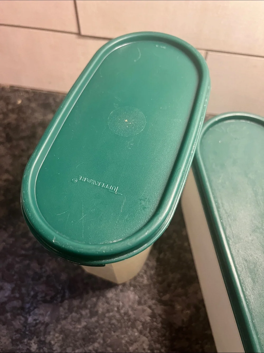 Tupperware Cream Containers with Dark Green Lids - Modular Pantry Set